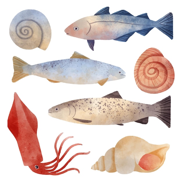 Watercolor ocean creatures collection