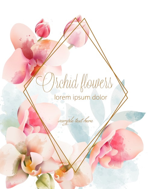 Free Vector watercolor orchid bouquet with golden frame. watercolor spring flowers. place for text