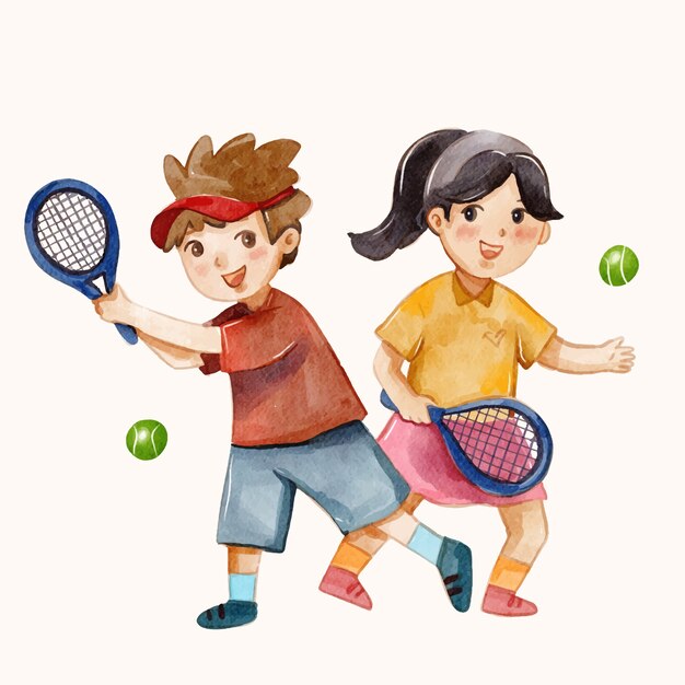 Watercolor padel illustration with two kids holding rackets