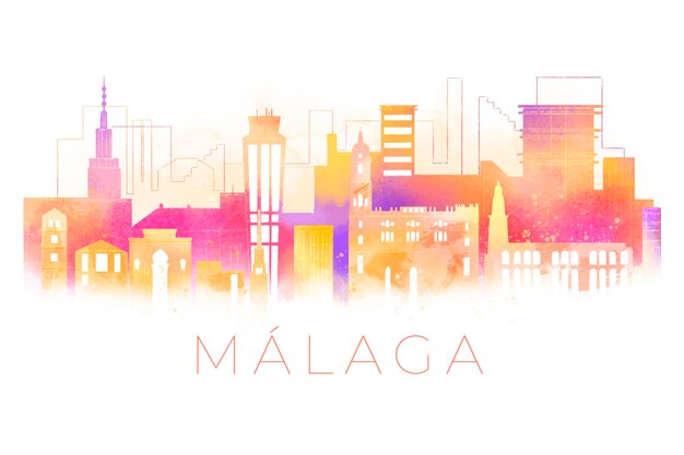 Watercolor painted málaga skyline