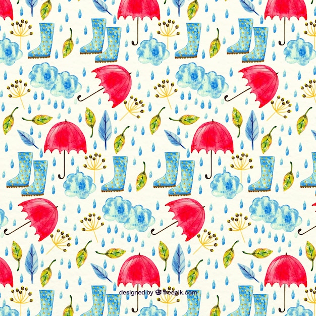 Free vector watercolor pattern with umbrellas and rain boots