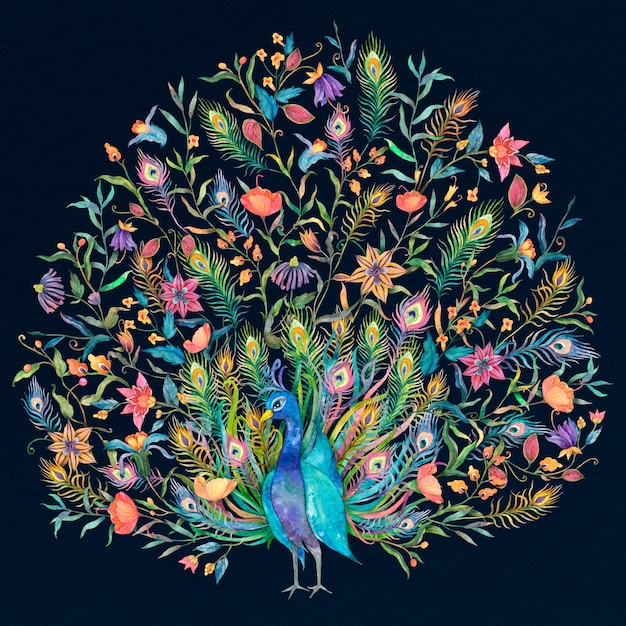 Watercolor peacock spreading its tails illustration