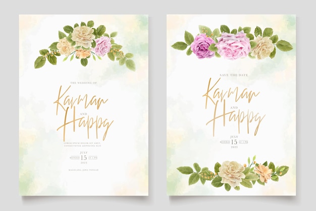 Free Vector watercolor peonies and roses wedding card set