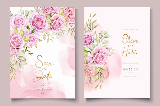 watercolor pink roses invitation card set