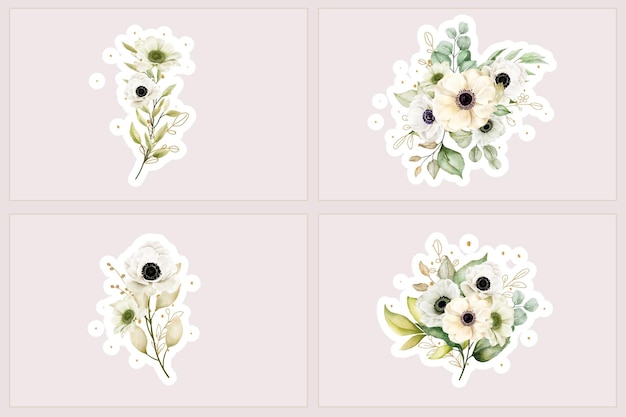 Free Vector watercolor poppy anemone bouquet and branches illustration