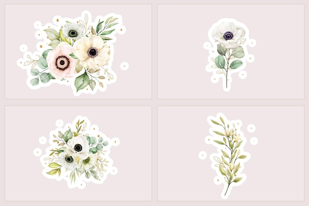 Free Vector watercolor poppy anemone bouquet and branches illustration