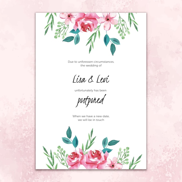 Watercolor postponed wedding card with flowers