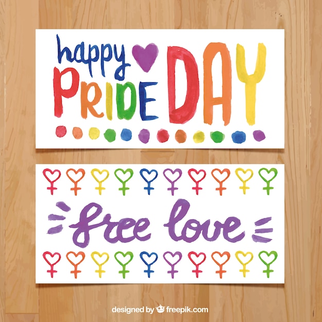 Free Vector watercolor pride day banners with hearts 