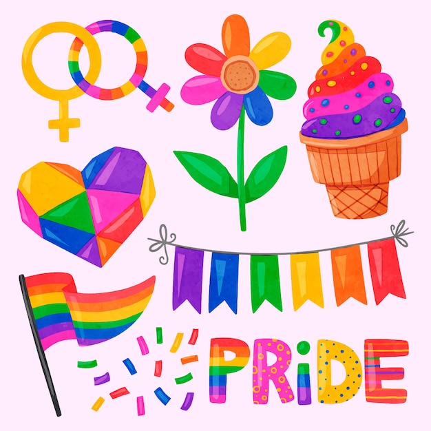 Free vector watercolor pride month elements collection