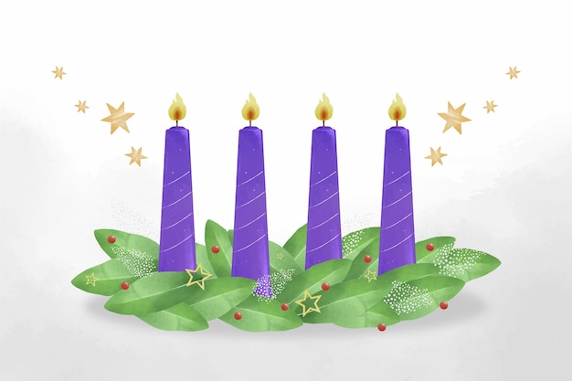 Watercolor purple candles advent background