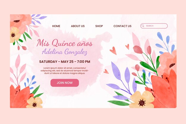 Watercolor quinceanera landing page template