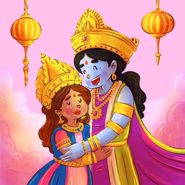 Free Vector watercolor radha and krishna illustration