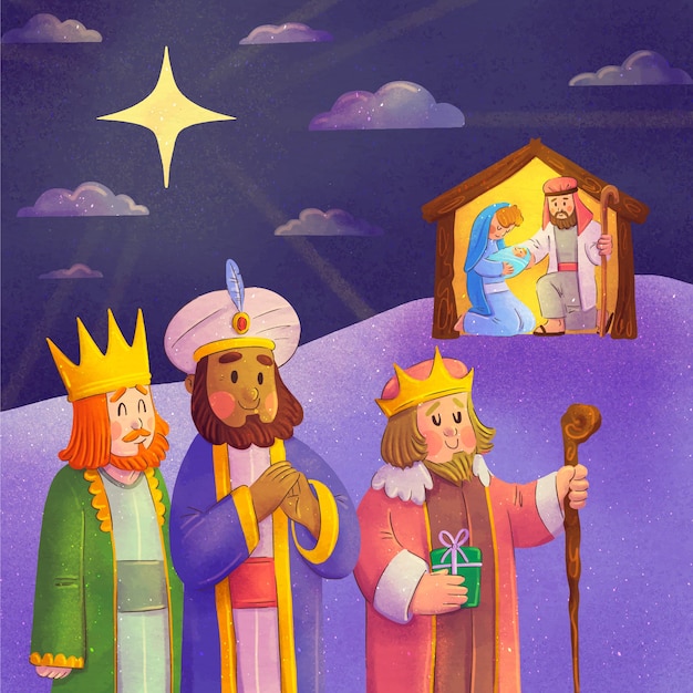 Watercolor reyes magos arriving to the nativity scene