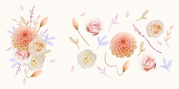 Watercolor roses and dahlia flower collection