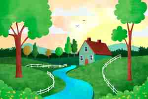 Free vector watercolor rural landscape background