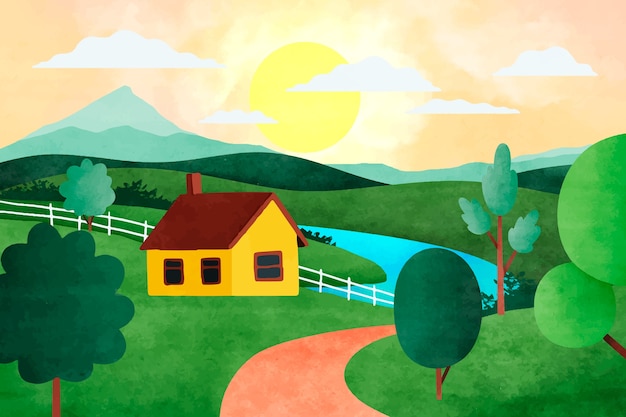 Free Vector watercolor rural landscape background