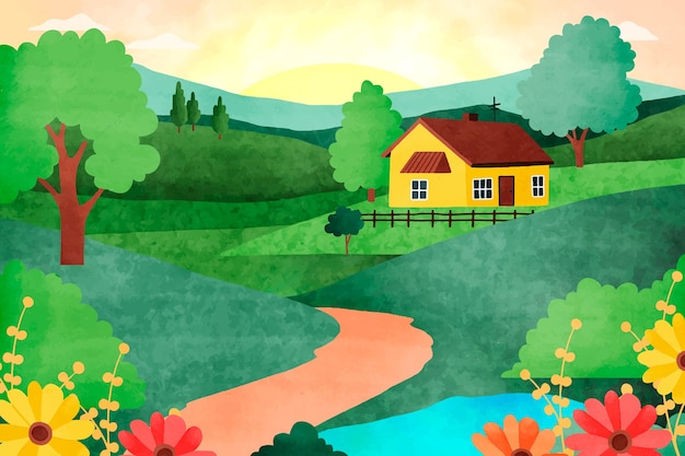 Free Vector watercolor rural landscape background