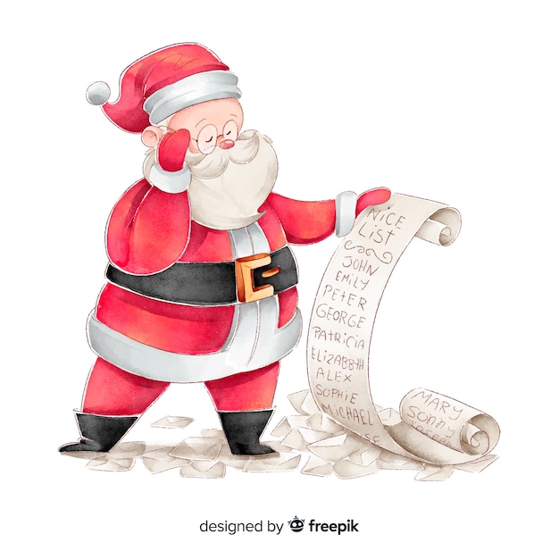 Watercolor santa claus checking wishes list