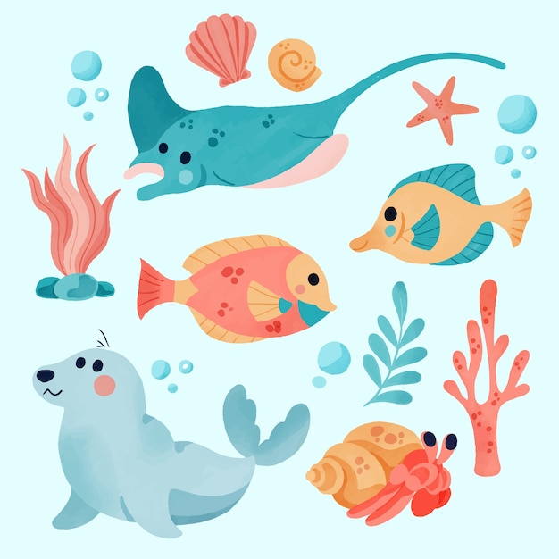 Free Vector watercolor sea animals collection