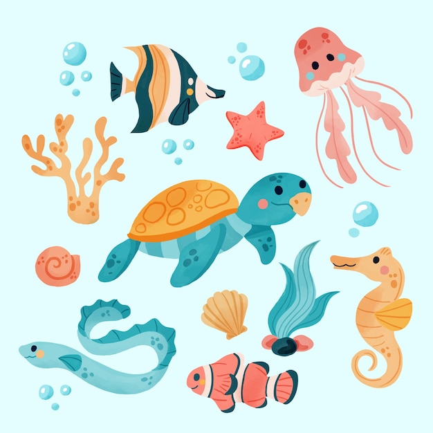 Free Vector watercolor sea animals collection