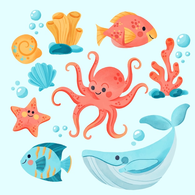 Watercolor sea animals collection