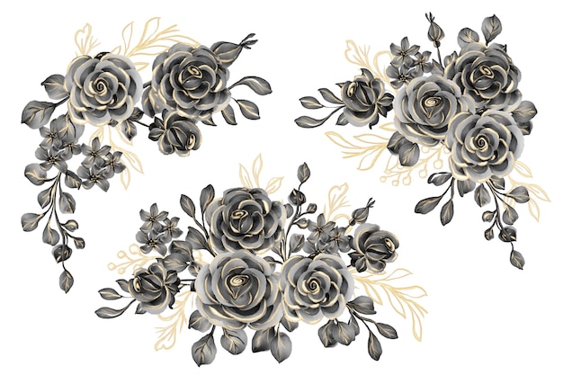 Watercolor set of flower arrangement with rose black gold