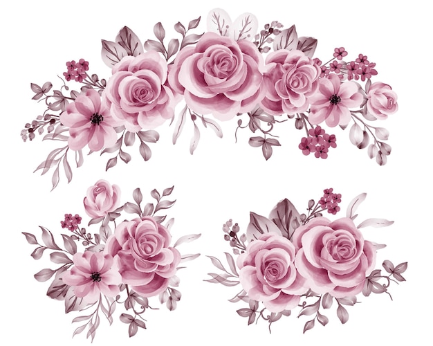 Watercolor set of flower arrangement with rose pink gold