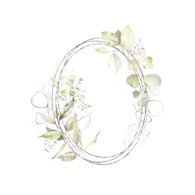 Watercolor silver geometrical round oval frame with green leaves