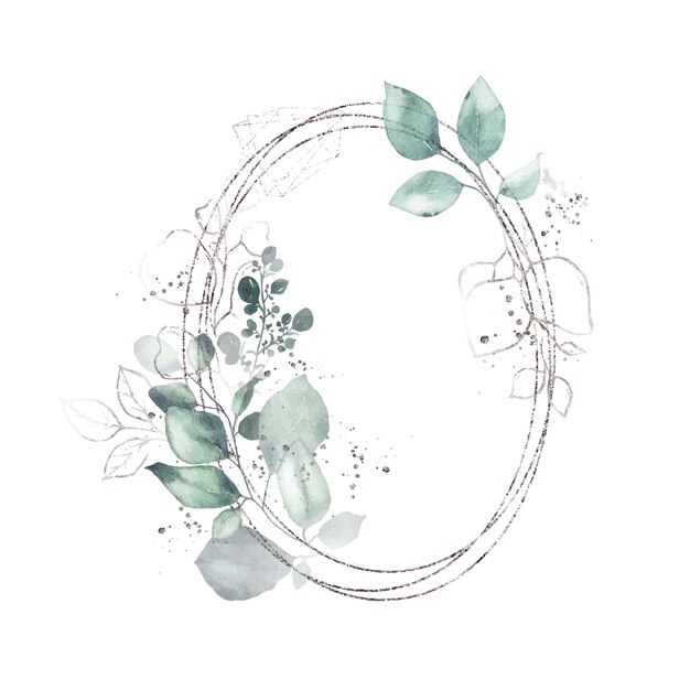 Watercolor silver geometrical round oval frame with green leaves