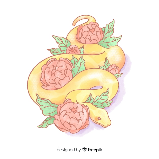 Free Vector watercolor snake with flowers background