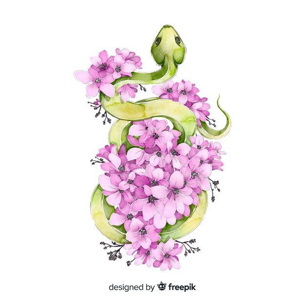 Watercolor snake with flowers background