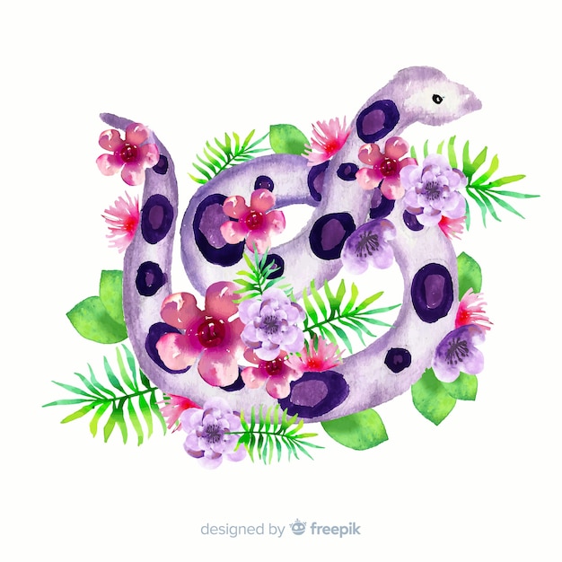 Watercolor snake with flowers illustration