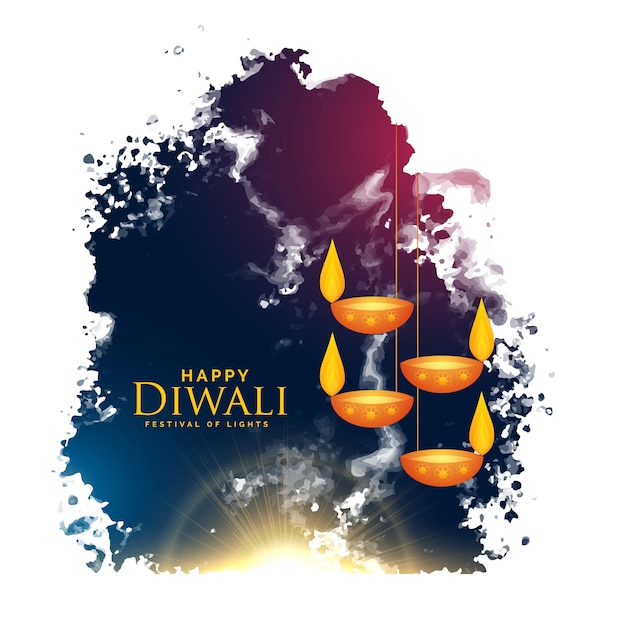 Free Vector watercolor splash with hanging diwali lamps 