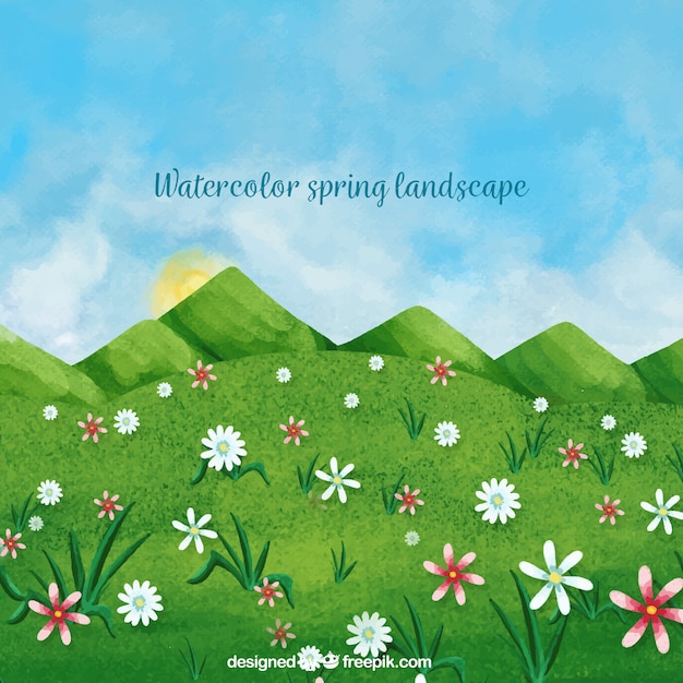 Free vector watercolor spring landscape background with flowers