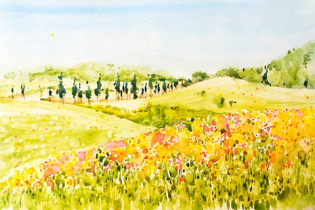 Watercolor spring landscape with plains and flowers