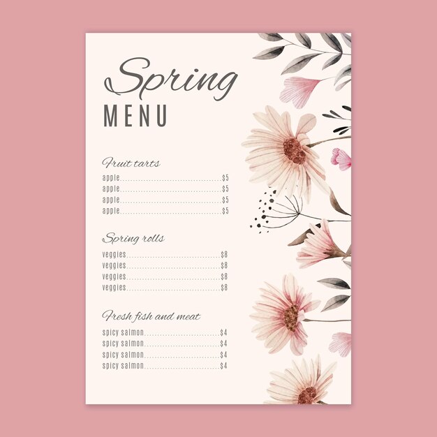 Watercolor spring menu with flowers