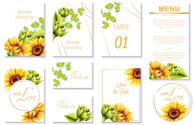 Watercolor spring wedding event invitation cards with green artichoke and sunflower