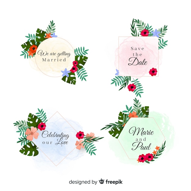 Free Vector watercolor stains wedding badge collection