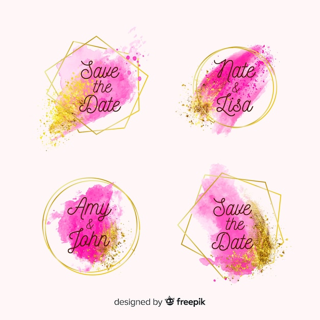 Watercolor stains wedding badges collection