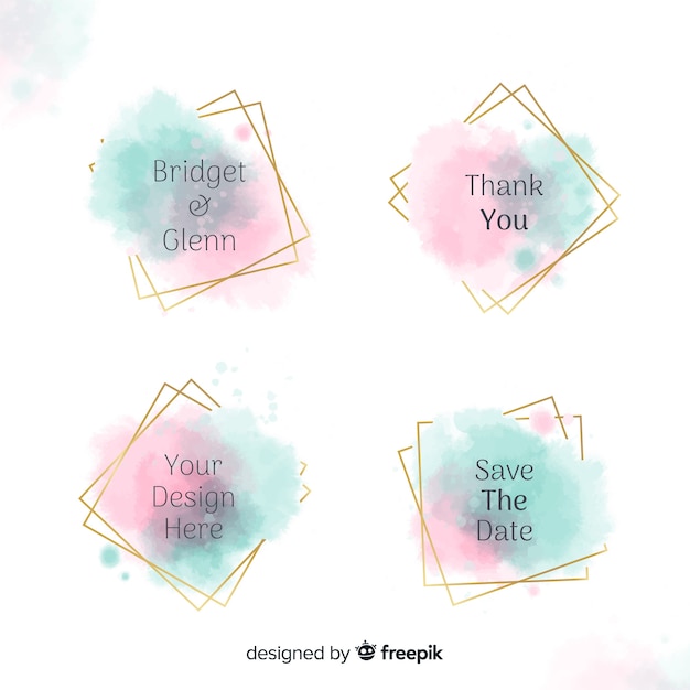 Watercolor stains wedding badges collection