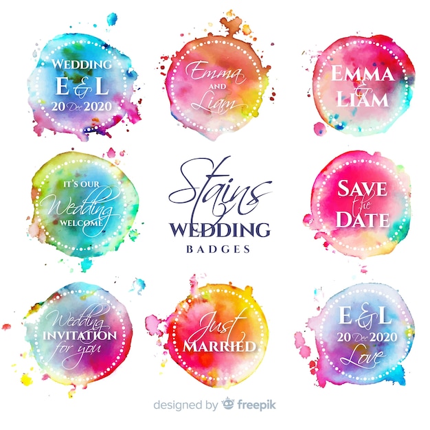 Free vector watercolor stains wedding badges collection