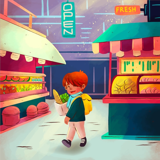 Free vector watercolor street food market illustration