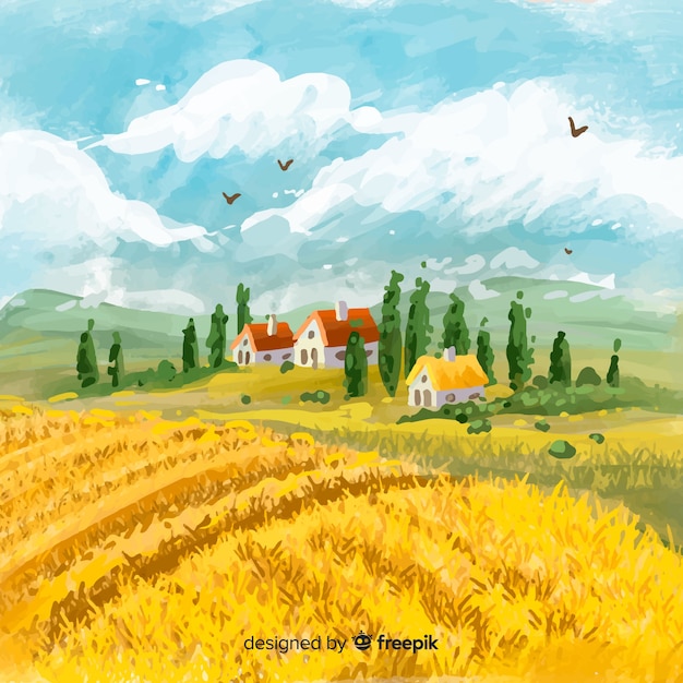 Free Vector watercolor style farm landscape background