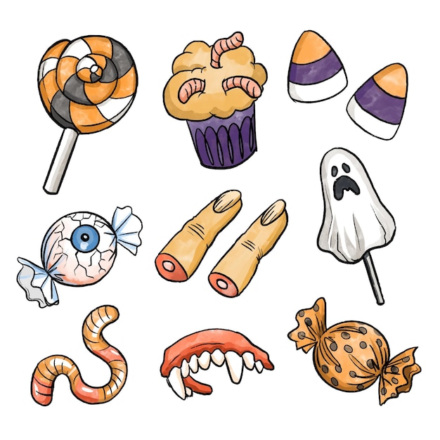 Free Vector watercolor style halloween candy collection