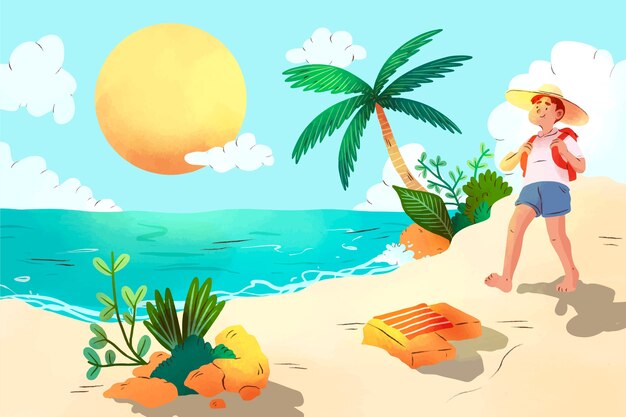 Watercolor summer background with beach view