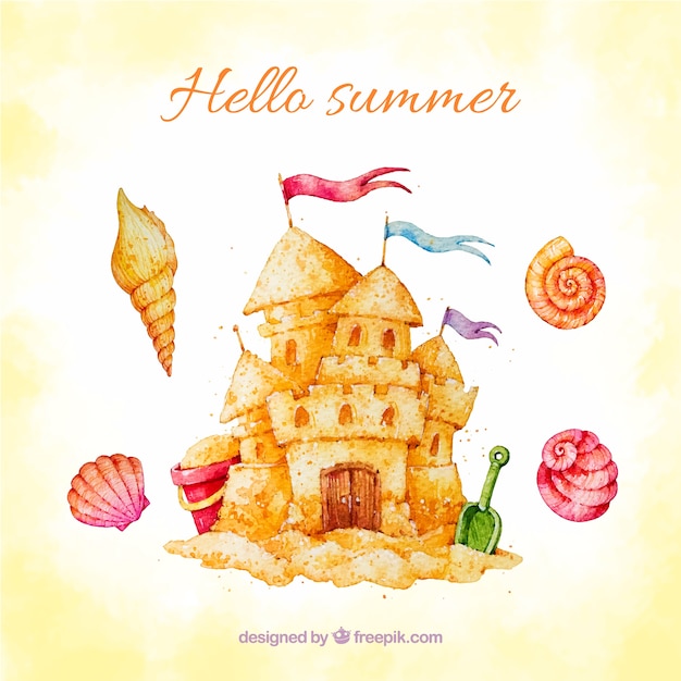 Watercolor summer background with castle of sand