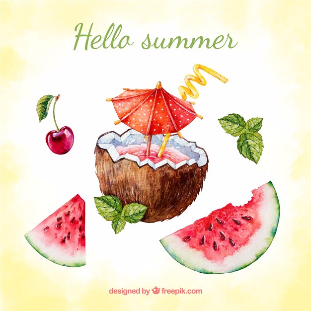 Watercolor summer background with coconut and watermelon