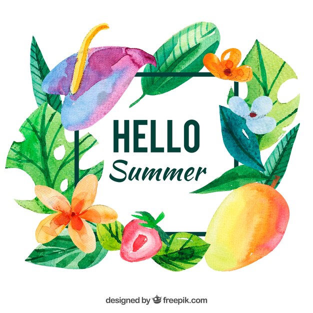 Watercolor summer background with fruits and flowers