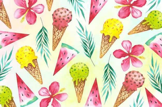 Free Vector watercolor summer background with ice cream cones