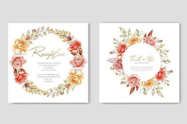 watercolor summer floral and leaves wedding invitation card set